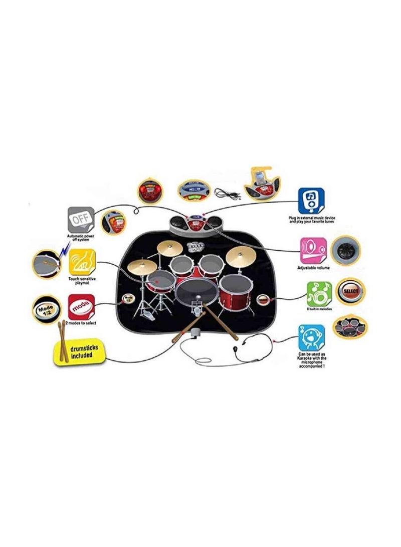 يو كيه آر UKR Drum Playmat للأطفال - مجموعة موسيقية كاملة مع Playmat Kit Drum، ميكروفون، كابل MP3، وأعواد الطبل - لعبة تفاعلية ممتعة للأطفال الصغار، لعبة موسيقى تعليمية - Image 3
